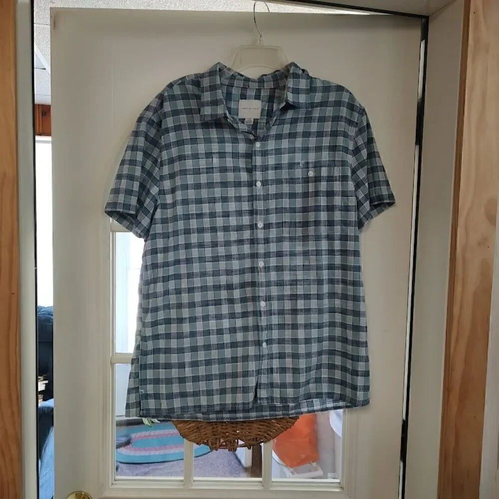 New American Eagle Blue Checked Short Sleeve Button Down Shirt Men's L